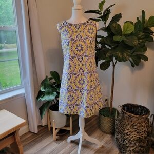 Betsey Johnson Yellow Blue Sleeveless Boat Neck Shift Mini Dress Size 8 60s